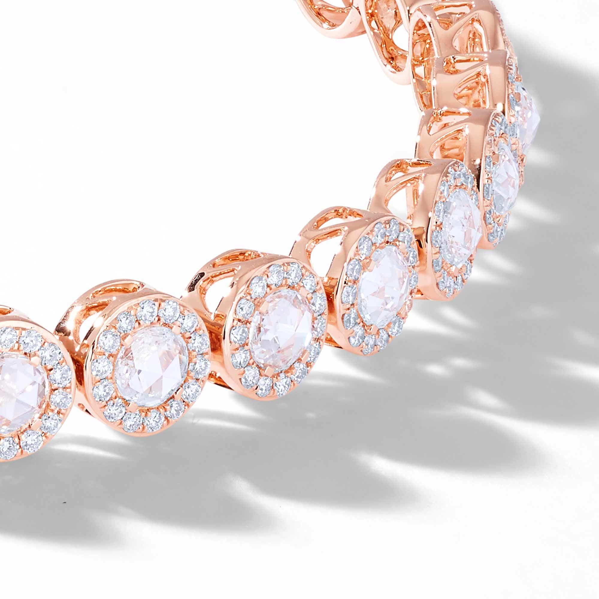 Image of Scallop rose cut diamond tennis bracelet with small brilliant cut diamonds in a pave setting by 64Facets. 18K Rose Gold